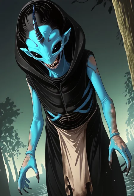 ((Alien humanoid)),
((Alien species)), solo, androgynous, aquatic features
blue skin, ((webbed hands)):1.3,
((No nose)):1.3, ((nostrils only, nostril slits, vertical nasal slits, narrow nostrils)):1.5, ((narrow eyes)), ((black sclera, black irises)), smooth skin, pointy ears, small ears, tiny ears, holes in skin, forehead horn, short horn, veiny horn, ((single horn)):1.0, ((4 fingers)), fingernails, thin lips, ((black hair)), ((short hair, spiky hair)), sharp teeth, digitigrade legs, bent legs,
Distant shot
ragged clothes, muddy clothes, loincloth, tunic, dirty
Medieval style, fantasy style,
((Variety)):1.2
((dutch angle, 3/4 view))
river background
fully clothed, loose clothing, clean lines, smooth colors, detailed fingers, sfw, source: realistic, rating: pg, score: 8 up, score: 9