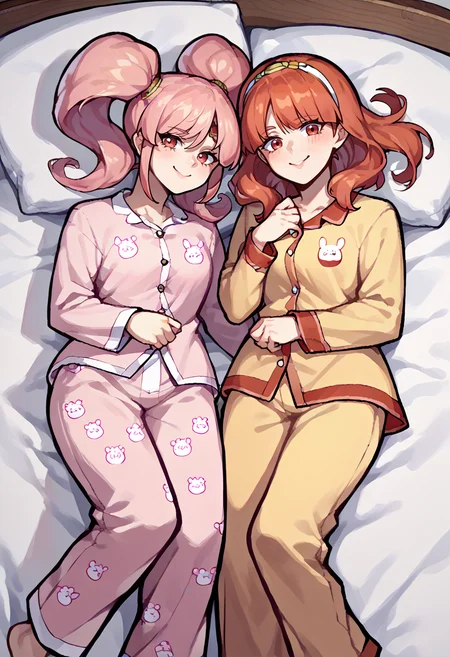 score_9, score_8_up, score_7_up, source_anime, 2girls, multiple girls, bed, looking at viewer, smile, BREAK <lora:Mae-pdxl_Fp:1>, maefe, twintails, pink hair, pink eyes, circlet, long hair, pajamas, smile, one eye closed, BREAK <lora:fecelica-pdxl-nvwls-v1:1>, defCeli, red hair, red eyes, hairband, pajamas,