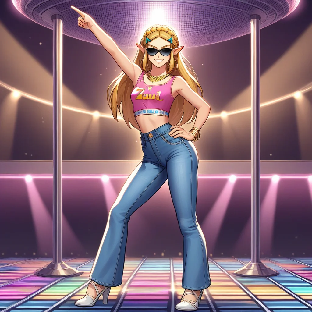 score_9, score_8_up, score_7_up, score_6_up, score_5_up, score_4_up, zPDXL2,source_anime,rating_questionable, 1girl,Princess Zelda, <lora:Disco:0.8>d1sco , disco, solo, pointing, flared jeans, disco floor, smile, crop top, standing, 80.8's fashion, tinted glasses