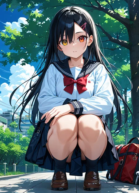 score_9, score_8_up, score_7_up ,source_anime masterpiece, best quality, perfect anatomy , very aesthetic , official art,BRAKE
1girl, bag, black hair, black sailor collar, black skirt, black socks, blue sky, bow, bowtie, cloud, cloudy sky, collared shirt, day, hair between eyes, hair ornament, hairclip, long hair, long sleeves, looking at viewer, neck ribbon, outdoors, parted bangs, pleated skirt, red bow, red bowtie, red eyes, ribbon, sailor collar, school uniform, serafuku, shirt, sidelocks, skirt, sky, socks, solo, squatting, tree, very long hair, white shirt, yellow eyes