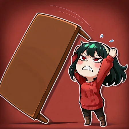 masterpiece, best quality, newest, absurdres, highres, anime, anime style, colorful, sticker, outline, chibi, Table-Flip-IL.V1.0, table, table flip,
1girl, yor_forger, spy_x_family, black_hair, red_eyes, red sweater