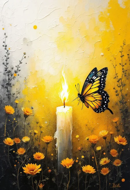 A mesmerizing and textured art piece, featuring a vivid and vibrant painting of a butterfly and candle. The candle is burning and attractive the butterfly, revealing a stunning and surreal scene. The background is a harmonious blend of white, yellow, and black hues, creating a warm and enchanting atmosphere. The artist has masterfully employed thick, impasto brush strokes, giving the piece a three-dimensional, tactile quality that captures the viewer's attention., vibrant, painting