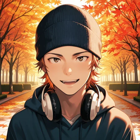 masterpiece, best quality, amazing quality, absurdres, newest, detailed background, definition so sharp, Ultra-HD, 8K cinematic, very awa, impressionate, amazing quality, highres,
solo, male focus, manly,
1boy, short hair, beanie, headphone around neck, misaki_orange hair, misaki_brown eyes, misakiyata, casual outfit, hoodie, bright lighting, park, autumn leaves, warm colors, lively, friendly, approachable, genuine happiness, looking at viewer, open mouth smile,