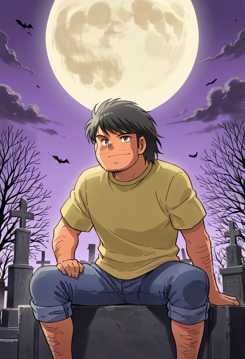 score_9, score_8_up, score_7_up, score_6_up, (( <lora:kira_kozo:1> , kira_kozo, piercing dark grey eyes, clear eyes, friendly eyes, wrinkle under eyes, short chubby body, slightly chubby face, fat but strong male, disgusting hairy male, round alcoholic nose, very lightly tanned skin, messy short black hair, messy short bangs, short stubble beard, creepy male, uncharismatic male, )) , ((short-sleeves yellow top, denim pants with rolled-up legs, )) , halloween, vintage, detailed background, creepy, mantle, halloween, pumpkins, guy, graveyard, brutal, full moon, trousers, shirt