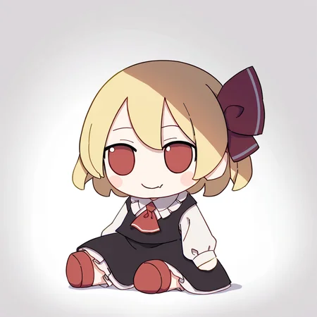 chibi,fumo,1girl,solo,smile,short hair,skirt,blonde hair,simple background,shirt,red eyes,long sleeves,white background,dress,ribbon,sitting,closed mouth,hair ribbon,white shirt,frills,fang,collared shirt,black skirt,vest,black dress,red ribbon,ascot,red footwear,black vest,fang out,red ascot,rumia,
<lora:fumo_noob1:1>,
