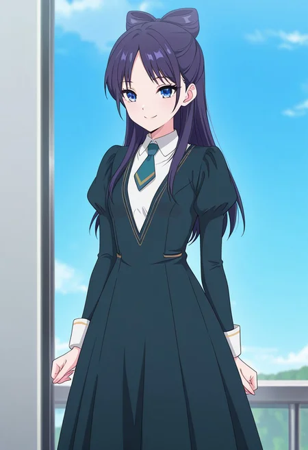 (absurdres, best quality, masterpiece:1.4), amazing quality, highres, newest, detailed, detailed body, detailed face, source anime, anime coloring, beautiful, petite,
BREAK
WWNemu, 1girl, solo, standing, smile, NemuAniHu, dark purple hair, bow-shaped hair, parted bangs, half updo, blue eyes, v-neck dress, white inner collared shirt, Short necktie, juliet sleeves, long skirt