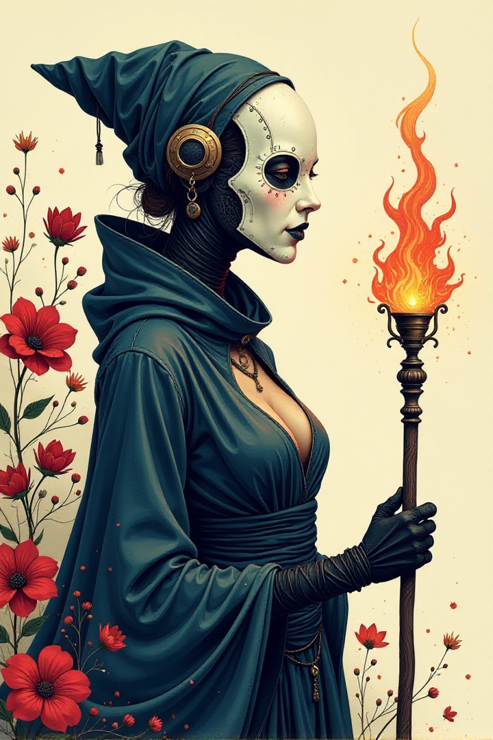 Anna Dittmann style character,digital illustration of a female plague doctor, biomechanical, in a thick line hand-drawn style,watercolor,flowery background, rough, minimalism, side view image,comic art, white plague doctor mask, glowing magical staff finished by Kay Nielsen, opaque paint, mysterious, sexy rococo cleavage, mysteriousâââ