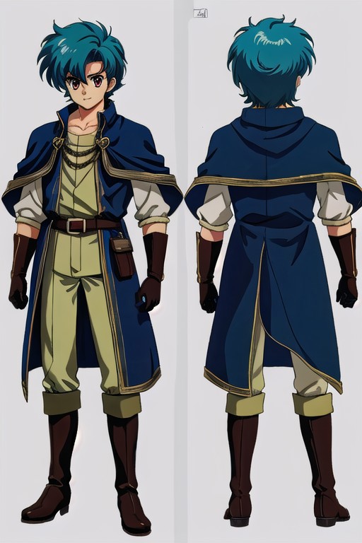 anime, 1man, man blue spike hair, short hair, red eyes, man mage, brown cloak, medieval fantasy, green boots, long gloves,   retro anime, retro style, 1980s \(style\), dungeons and dragon, dark fantasy, simples background, model sheet, character design, chara-sheet
