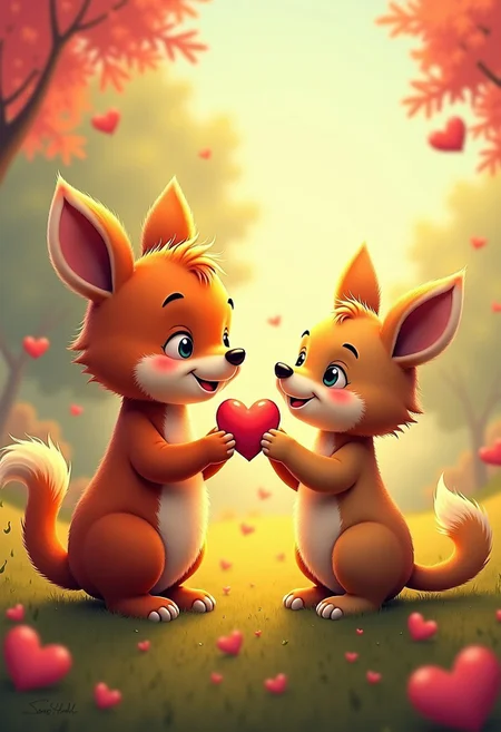 Capture the whimsy and warmth of animal hieghehog affections in scenes of creatures sharing tiny heart-shaped tokens, beautiful foreat landscape