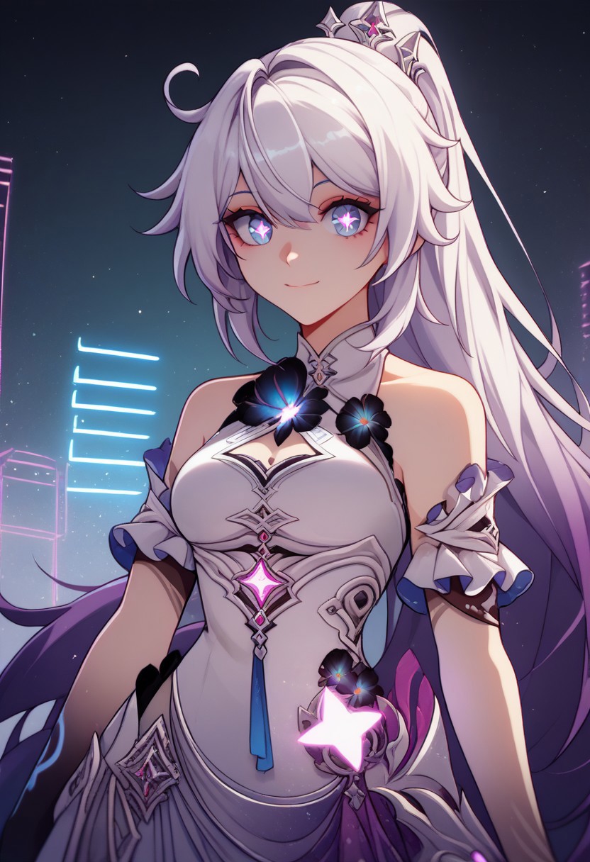 score_9, score_8_up, score_7_up, 1girl,blue eyes, star-shaped pupils, symbol-shaped pupils Kiana, kiana kaslana, white hair, cute smiling,  very long hair, medium breasts, long hair, Hofi_Def, two-tone hair, purple hair, ponytail, crown, jewelry, gem, white dress, sleeveless dress, cleavage cutout, halterneck, black flower, open skirt, black gloves, white skirt, bare shoulders, purple inner skirt, clothing cutout, detached sleeves, frilled sleeves, short sleeves, , the matrix, gloves, glowing, neon lights, green theme,