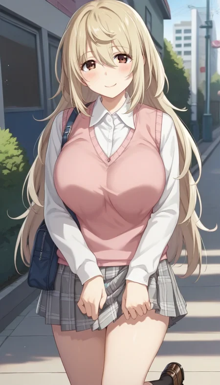 score_9,score_8_up,score_7_up,score_6_up BREAK official art,solo,outdoors,cowboy shot,looking at viewer,facing viewer,smile,blush,Ookami Hinako,very long hair,light brown hair,sidelocks,hair between eyes,bangs,brown eyes,taut clothes,school uniform,sweater vest,pink vest,white shirt,collared shirt,dress shirt,long sleeves,large breasts,miniskirt,grey skirt,plaid skirt,pleated skirt,black socks,loafers,<lora:Ookami Hinako(oswt)-Pony:1.5>,