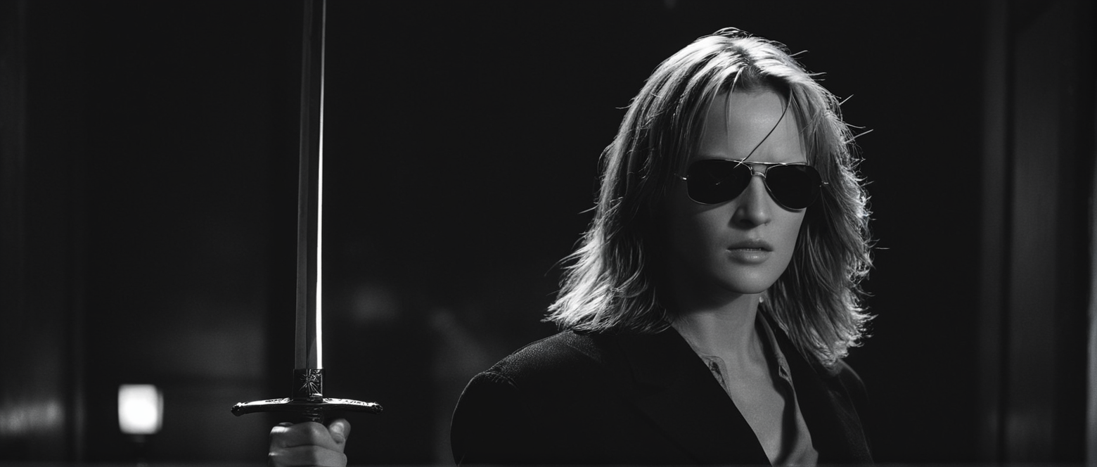 cinematic film still of  <lora:Kill Bill style:1>
From above, Cinematic film image of The Blonde a woman holding a sword in a dark room,solo,1boy,jacket,monochrome,weapon,greyscale,male focus,sunglasses,realistic , Kodak film grain, dramatic light, dramatic shadow light, contrast, saturated color, cinematic, filmic, motion picture, realistic, realism, perfection, perfect, deep focus, clean image, Kill Bill style, Kill Bill Film Style, shallow depth of field, vignette, highly detailed, high budget, bokeh, cinemascope, moody, epic, gorgeous, film grain, grainy