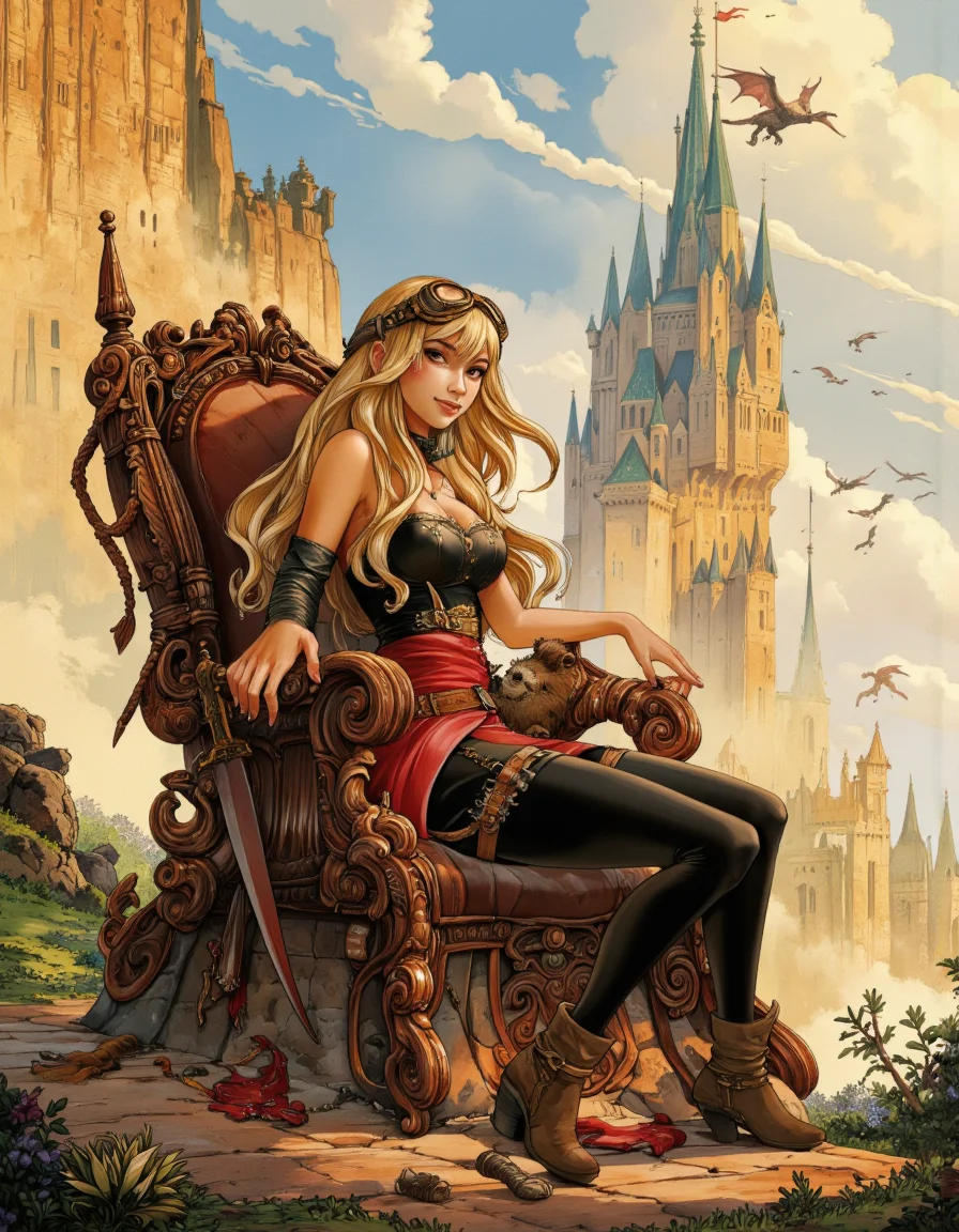 Art by Alessandro Barbucci. A digital illustration shoot from the side about a fantasy character with long blonde hair sitting on a throne, accompanied by a small creature, in an outdoor location with a castle in the background and a cloudy sky. on the middle of the image, a 1woman, who appears to be in her mid-twenties, with a slim body, is sitting on the throne, wearing a red and black corset, black leggings, and brown boots. she has long, flowing blonde hair and is wearing goggles on her head. her expression is a smile, and she is looking directly at the viewer with her brown eyes. on her right hand, she is holding a sword, and on her left hand, a small, furry creature is perched on her lap. the background features a tall, spire-like structure with a flag on top, and several dragon-like creatures flying around. the overall color palette is vibrant and detailed, with shades of orange, yellow, and green.