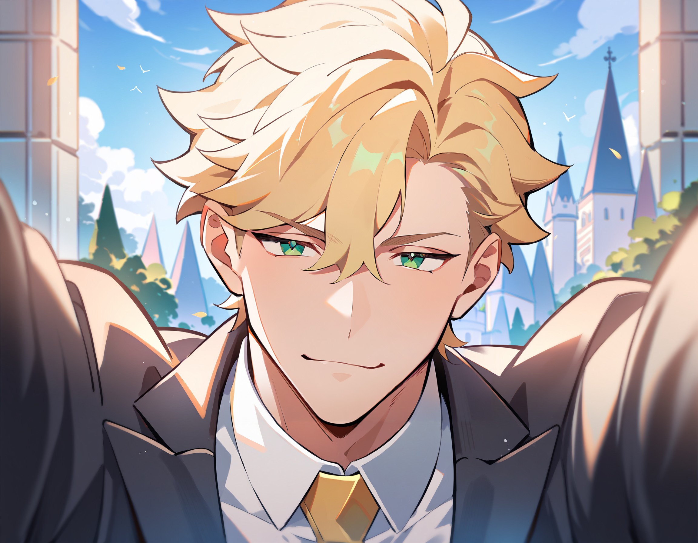 score_9, score_8_up, score_7_up, best quality, amazing quality, best aesthetic, amazing aesthetic, 2023, duo, solo focus, short hair, manly, yellow hair, green eyes, suit, castle, prince, smug, crown, kabedon, pov, arms up, <lora:KabesubpovPonyXL:1.2>
