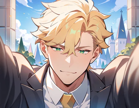 score_9, score_8_up, score_7_up, best quality, amazing quality, best aesthetic, amazing aesthetic, 2023, duo, solo focus, short hair, manly, yellow hair, green eyes, suit, castle, prince, smug, crown, kabedon, pov, arms up, <lora:KabesubpovPonyXL:1.2>