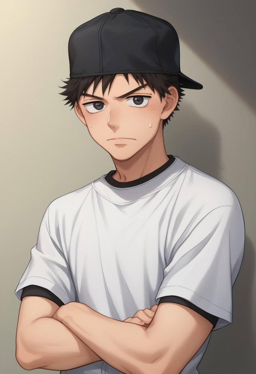 score_9, score_8_up, score_7_up, source_anime, highly detailed, 
takaya, 1boy, male focus, crossed arms solo, black hair, black eyes, shirt, white shirt,
t-shirt, looking at viewer, spiked hair, sweatdrop, upper body, baseball cap,
backwards cap, black headwear