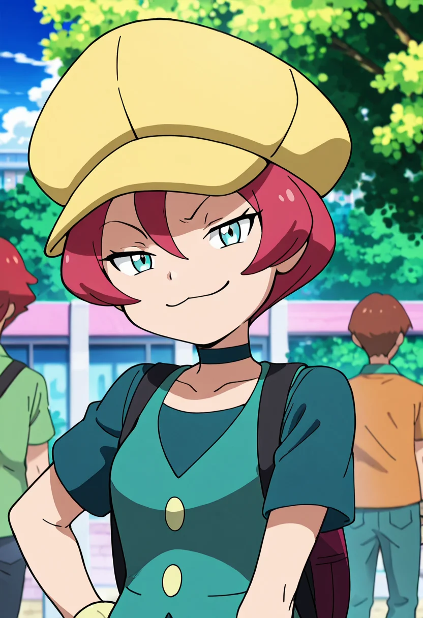 masterpiece, best quality, 1girl, solo, eyelashes, (beautiful eyes), zzGeorgia, aqua eyes, pink hair, hair between eyes, short hair, zzGeorgia, smile, shirt, 1boy, hat, closed mouth, green eyes, collarbone, upper body, red hair, outdoors, sky, solo focus, choker, day, bag, blurry, looking at viewer, blurry background, black choker, backpack, green shirt, cabbie hat, yellow headwear, green choker, upper body, (tsurime, smug), :3, ,<lora:GeorgiaPokemon_IXL_v3:1.0>,