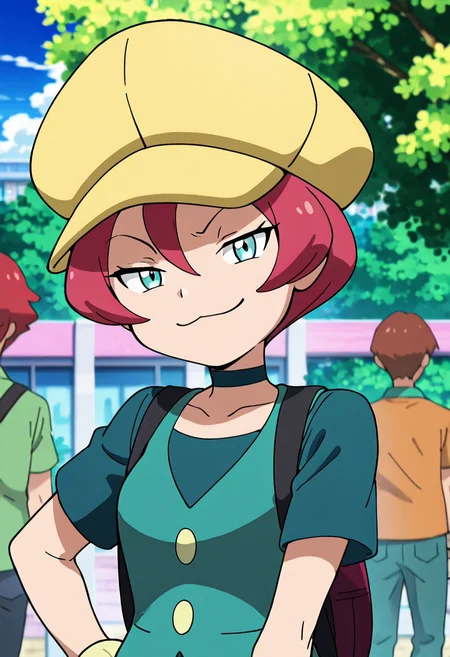masterpiece, best quality, 1girl, solo, eyelashes, (beautiful eyes),    zzGeorgia, aqua eyes, pink hair, hair between eyes, short hair,  zzGeorgia, smile, shirt, 1boy, hat, closed mouth, green eyes, collarbone, upper body, red hair, outdoors, sky, solo focus, choker, day, bag, blurry, looking at viewer, blurry background, black choker, backpack, green shirt, cabbie hat, yellow headwear, green choker, upper body, (tsurime, smug), :3,  ,<lora:GeorgiaPokemon_IXL_v3:1.0>,