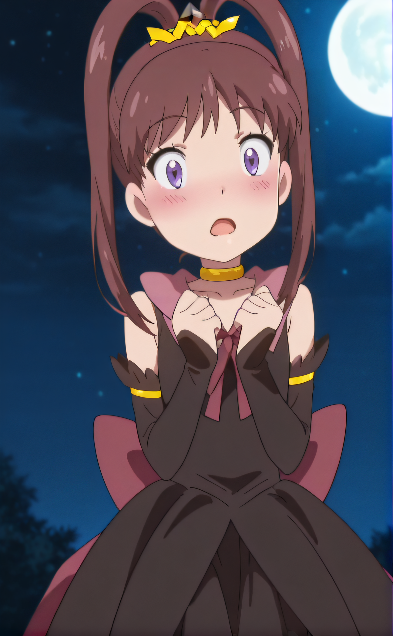 masterpiece, best quality, highres, newest, 1girl, solo, official style, anime screencap, <lora:Black_Magical_Girl:1>, blackmagicalgirl, black dress, magical girl, detached sleeves, choker, looking at viewer, night, moon, outdoor, cowboy shot, <lora:IL_Amano_Nene_v2:1>, nene, split ponytail, open mouth, blush, hands up, surprised