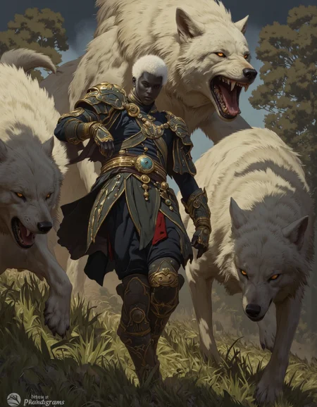 By Phandigrams. A dramatic digital illustration shoot from below about a dark-skinned warrior in ornate armor surrounded by fierce wolves in a dynamic pose. the scene is set in a forest with sunlight filtering through the trees, casting a warm glow on the scene. on the middle of the image, a muscular, black-skinned male warrior appears to be in his mid-twenties, with short, spiky white hair and a serious expression. he is wearing intricate, dark armor with gold accents, and is positioned in the center of the frame. behind him, two large, white wolves with glowing yellow eyes are running towards him, their mouths open in a fierce roar. the wolves appear to be of varying sizes, with the larger one on the left and the smaller ones on the right. the background is a dense forest with light filtering through trees, creating a dramatic and intense atmosphere. the overall style is detailed and dramatic, with a focus on the warrior's powerful stance and the wolves' fierce expressions.