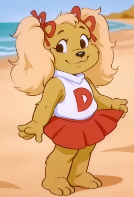 dottydog, 1girl, anthro, furry, pigtails, hairbows, sleeveless white top with a big red letter "D" red skirt, barefoot, standing, smiling, closed mouth, looking at viewer, pose, outdoors, beach