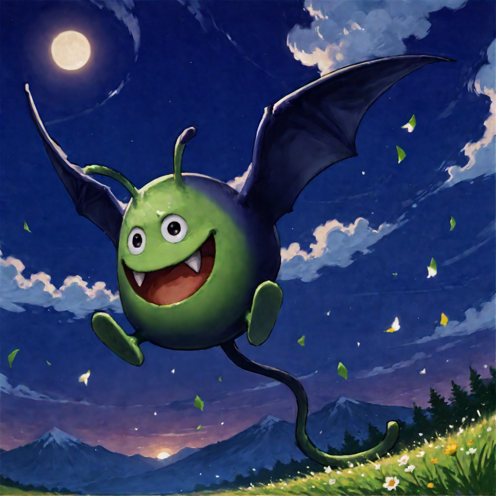 score_9,score_8_up,score_7_up,best quality,masterpiece,extreme detailed,zPDXL,nature,field,full_body BREAK <lora:Pony_DetailV2.0:1>,night,
BREAK dracky,no humans,green_skin,<lora:dracky-pony:0.8>,flying,