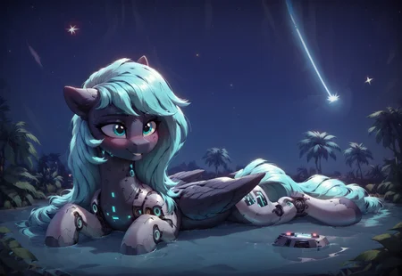black Pegasus pony, techno, cyborg, bluish teal hair, laying down ,teal eyes, happy, Neon illumination, water, plants glowing around, closeup, shooting stars, nebula sky ,moon in sky, stars in sky, 8k. best quality