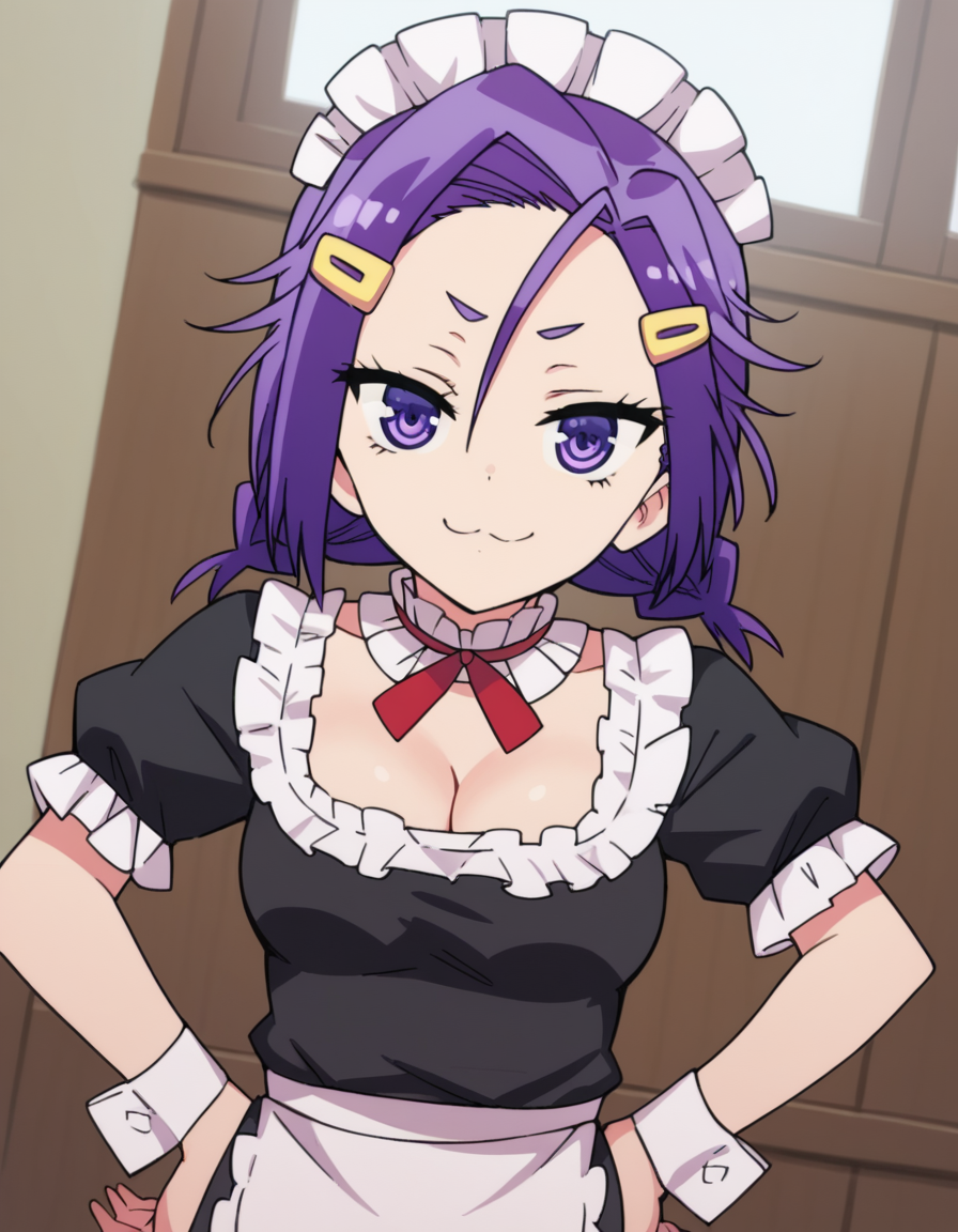 score_9, score_8_up, score_7_up, source_anime, <lora:asumi-kominami-s2-ponyxl-lora-nochekaiser:1>, asumi kominami, hair ornament, twintails, purple eyes, purple hair, hairclip, medium breasts,, cleavage, apron, wrist cuffs, maid, maid headdress, enmaided,, indoors, smug, smile, looking at viewer, solo, hands on hips,, cowboy shot, dutch angle