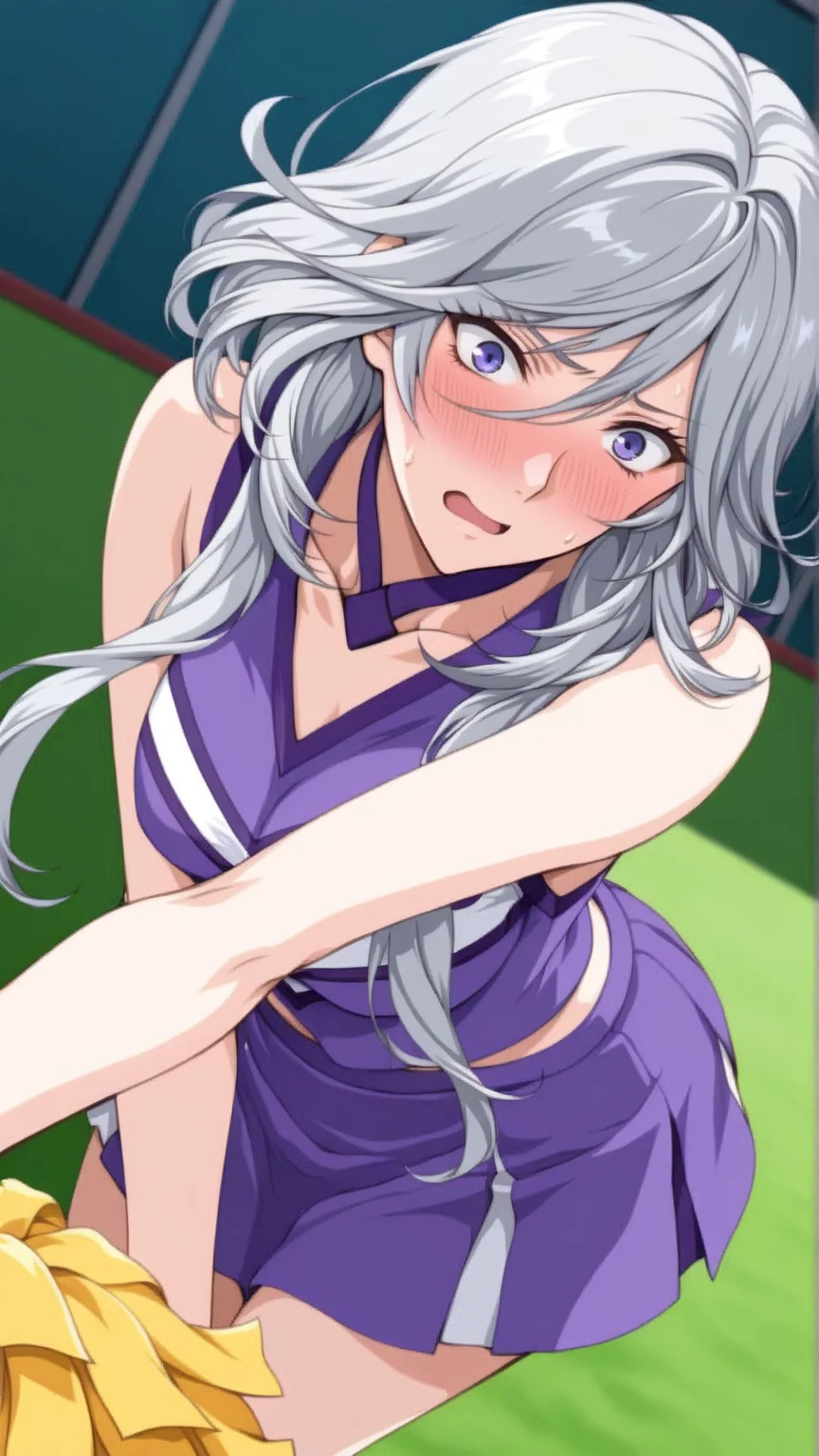 source_anime, general, best quality, masterpiece, 1girl, <lora:Ziony_Regis_ill_v1.0:1> ziony_regis\(srw\),blue eyes, white hair,grey hair, purple eyes,long hair,cheerleader,flustered, (embarrassed:0.9), dynamic pose, dutch angle,