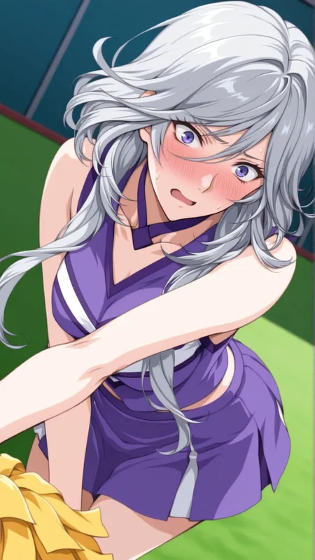 source_anime, general, best quality, masterpiece, 1girl, <lora:Ziony_Regis_ill_v1.0:1> ziony_regis\(srw\),blue eyes, white hair,grey hair, purple eyes,long hair,cheerleader,flustered, (embarrassed:0.9), dynamic pose, dutch angle,