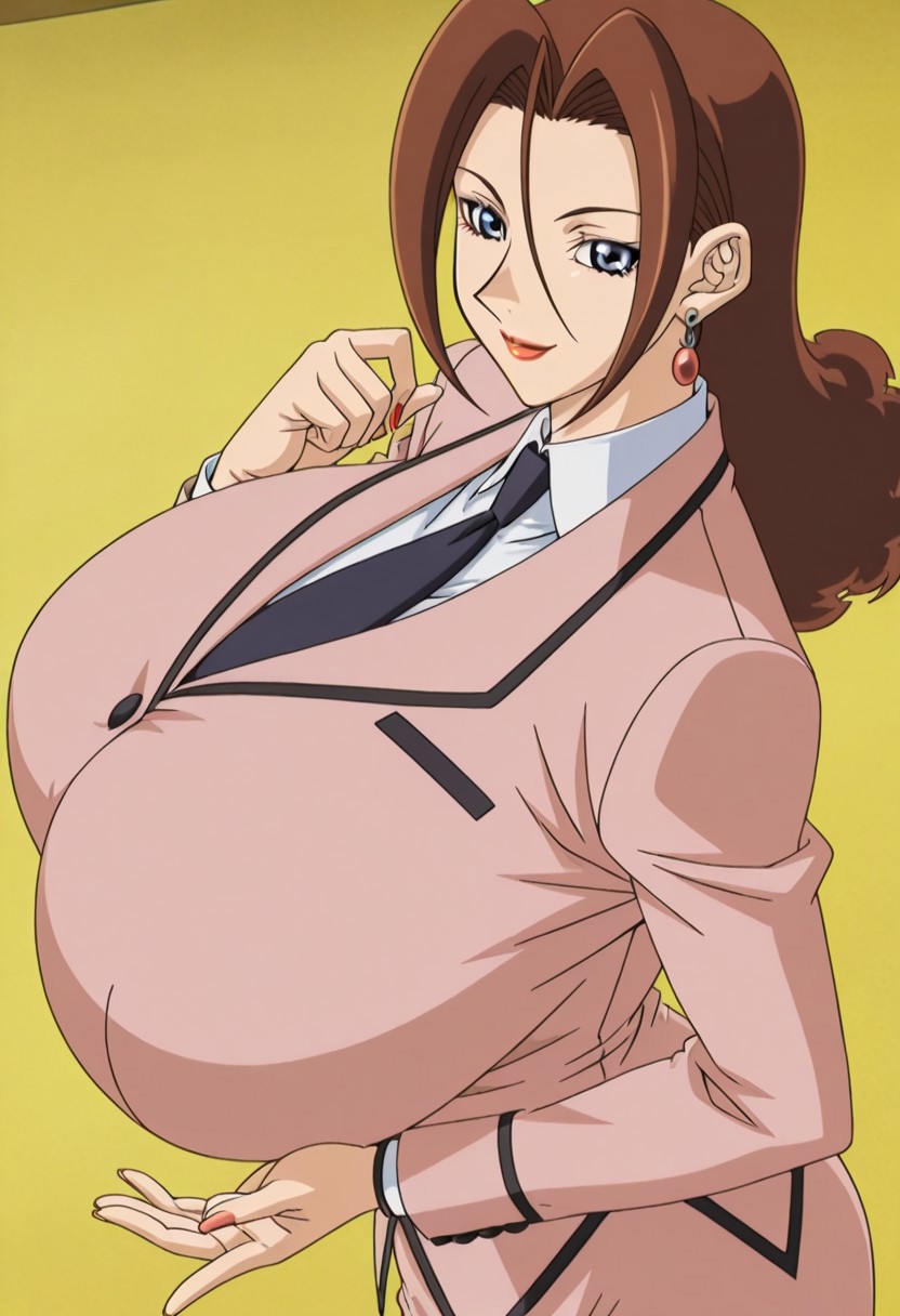 anime screencap,anime coloring,from above,from side,looking at the viewers,1girl,solo,Linda,brown hair,long hair,blue eyes,makeup,lipstick,jewelry,earrings,formal,jacket,long sleeves,necktie,pencil skirt,gigantic breasts,smile,closed mouth,fingersnap,wink,