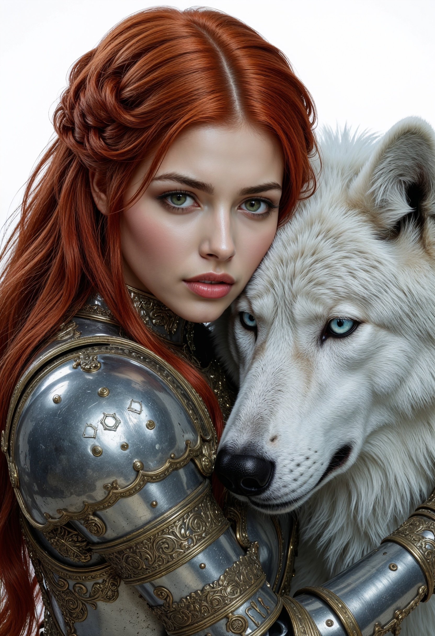 R3alism, Face close up, gorgeous perfect eyes, highly detailed eyes, glossy lips. Highly detailed and stylized fantasy, a young woman with long, wavy red hair intricately braided, wearing ornate, silver and bronze medieval armor with elaborate engravings. Her skin is fair, and her expression is serene as she embraces a large, white wolf with striking blue eyes. The wolf's fur is textured and realistic, complementing the intricate details of the woman's armor. The background is a soft, muted white, emphasizing the subjects. The overall composition conveys a sense of companionship and strength, with a focus on the bond between the woman and the wolf. The image is rich in texture and detail, showcasing a harmonious blend of fantasy elements and realistic features. (maximum ultra high definition image quality and rendering:3), maximum image detail, maximum realistic render, (((ultra realist style))), realist side lighting, , 8K high definition, realist soft lighting, (amazing special effect:3.5)  <lora:FluxMythR3alism:1>