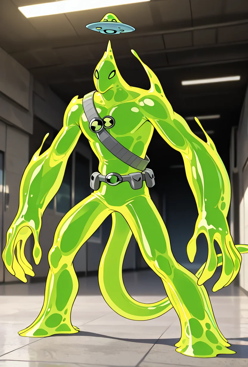 <lora:goop-09:1> goop, solo, no humans, male focus, green skin, pokemon (creature), slime (substance), translucent character, transparent skin, floating small ufo on head, dynamic pose, stretchy limbs, green slime, massive hands,
buff, big body, underbite, dinosaur head, square head, slime tail, grey bandolier, grey straps, muscular, masterpiece, best quality, amazing quality, very aesthetic, absurdres, newest,