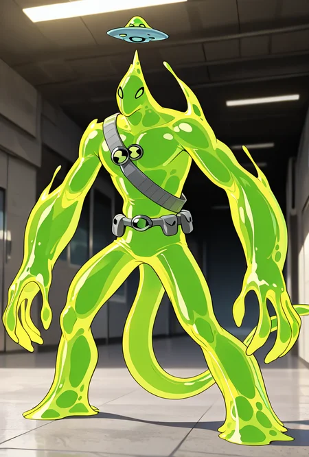 <lora:goop-09:1> goop, solo, no humans, male focus, green skin, pokemon (creature), slime (substance), translucent character, transparent skin, floating small ufo on head, dynamic pose, stretchy limbs, green slime, massive hands,
buff, big body, underbite, dinosaur head, square head, slime tail, grey bandolier, grey straps, muscular, masterpiece, best quality, amazing quality, very aesthetic, absurdres, newest,