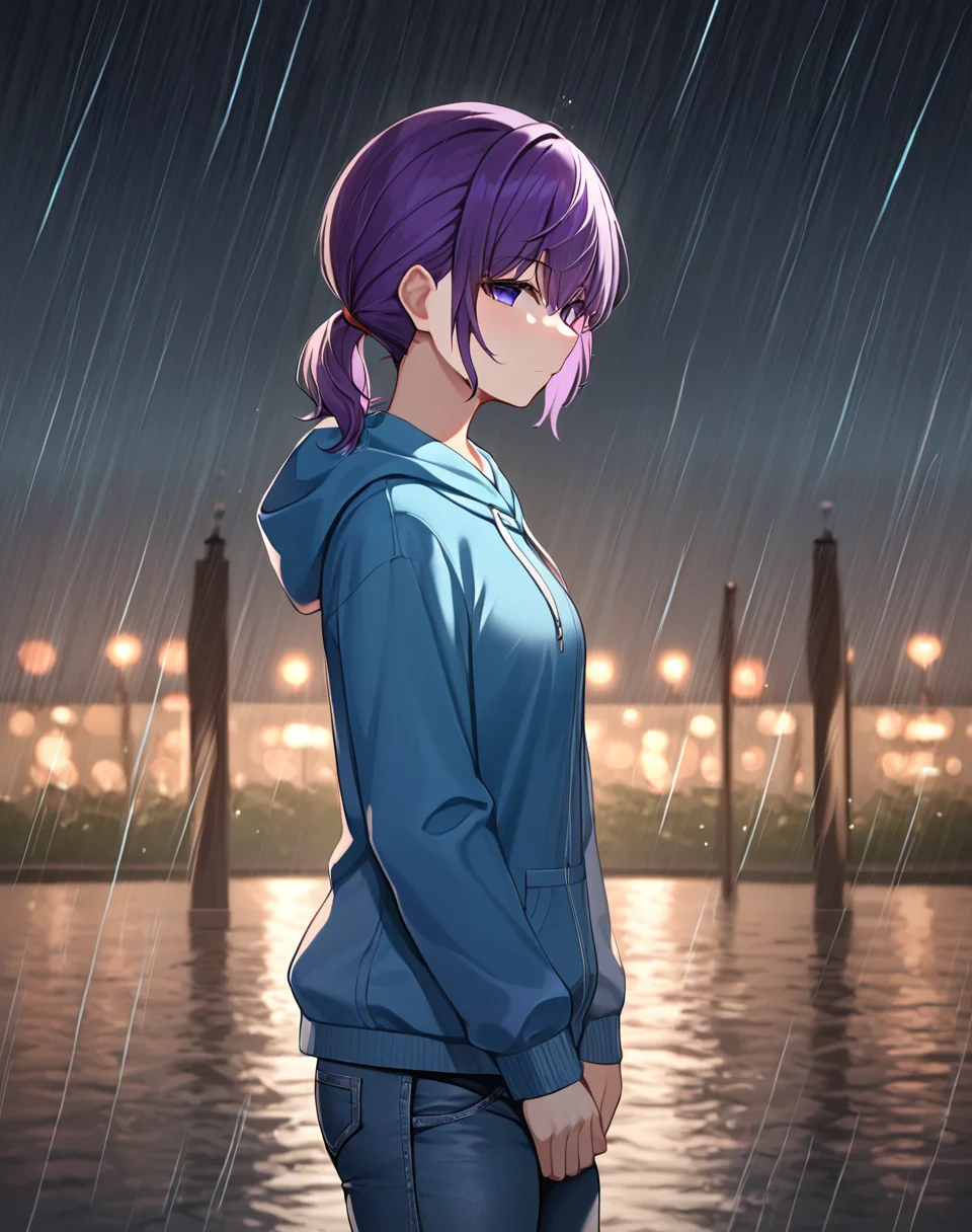asahina_mafuyu, purple hair, purple eyes, blue eyes, gradient eyes, short hair, blue hoodie, jeans, hood down, short ponytail, low ponytail, BREAK outdoors, bridge. night, rain, raining, BREAK looking at viewer, standing, cowboy shot, neutral face, empty eyes, lifeless face, side view, BREAK score_9, score_8_up, score_7_up, source_anime ,zPDXL, perfect hand,<lora:Asahina_Mafuyu:0.8>,