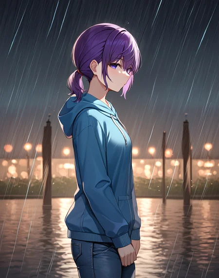 asahina_mafuyu, purple hair, purple eyes, blue eyes, gradient eyes, short hair, blue hoodie, jeans, hood down, short ponytail, low ponytail, BREAK outdoors, bridge. night, rain, raining, BREAK looking at viewer, standing, cowboy shot, neutral face, empty eyes, lifeless face, side view, BREAK score_9, score_8_up, score_7_up, source_anime ,zPDXL, perfect hand,<lora:Asahina_Mafuyu:0.8>,