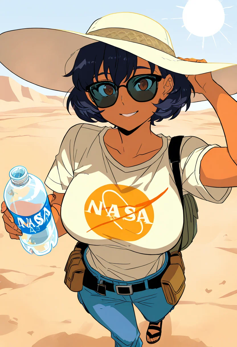 masterpiece, best quality, solo, curvy, beautiful eyes, narrow waist, wide hips, 1girl, solo, smile, looking at viewer, dynamic angle, foreshortening, close up,     N4S4, shirt, demin skirt,   ,<lora:NASAShirtAnime_IXL_v1:1.0>, [Desert Oasis], lightweight tan linen shirt with rolled-up sleeves, wide-brimmed sun hat, mirrored sunglasses, loose cargo pants, leather sandals, utility belt with water bottle holder, sun-drenched desert dunes with sparse cacti, camel caravan in the distance, preparing for a desert trek,