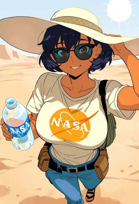 masterpiece, best quality, solo, curvy, beautiful eyes, narrow waist, wide hips, 1girl, solo, smile, looking at viewer, dynamic angle, foreshortening, close up,     N4S4, shirt, demin skirt,   ,<lora:NASAShirtAnime_IXL_v1:1.0>, [Desert Oasis], lightweight tan linen shirt with rolled-up sleeves, wide-brimmed sun hat, mirrored sunglasses, loose cargo pants, leather sandals, utility belt with water bottle holder, sun-drenched desert dunes with sparse cacti, camel caravan in the distance, preparing for a desert trek,