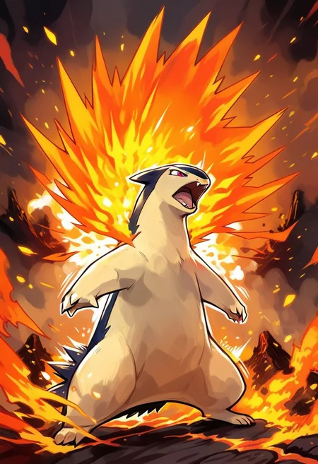 score_9, score_8_up, score_8,
zzTyphlosion, no humans, pokemon (creature), claws,
dynamic pose, attacking, angry, furious, motion lines,
volcano, embers, fire, dust, swirls, wind,
zPDXL3,