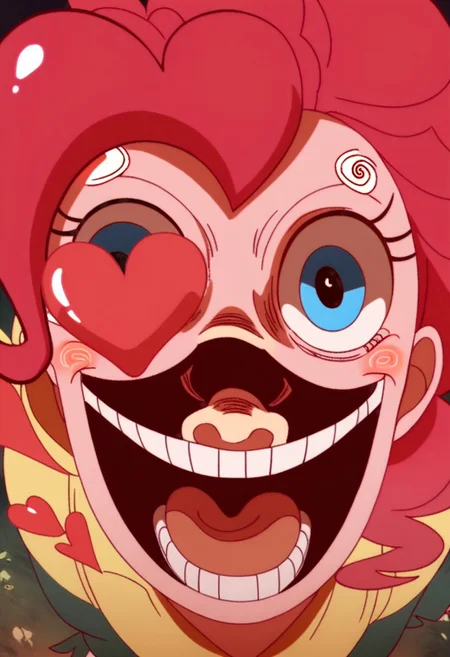 score_9, score_8_up, score_7_up, BREAK, my little pony, Pinkie Pie, a pink earth pony with blue eyes, outdoors, daylight, insanity-angle, expressionless face, show accurate, SanijSimpface, heart shaped eyes, eye-pop-out, popping eyes, eye popping out, tonque out,