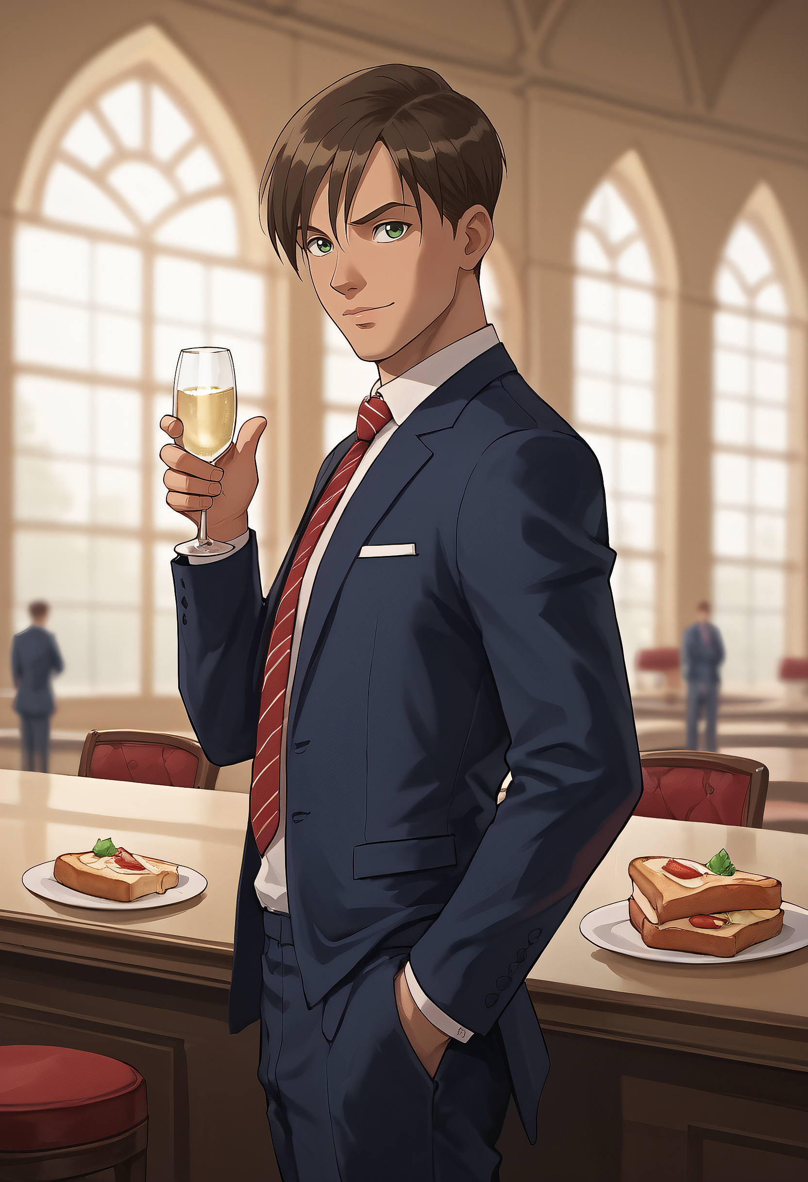 embedding:Pony\Positive\zPDXL3, score_9, score_8_up, score_7_up, 1boy, david_ts!, brown hair, straight hair, green eyes, tanned skin, slim body, formal, suit, tie, champagne glass, have a toast, look at viewer, depth of field, from side, best quality, high resolution, masterpiece.