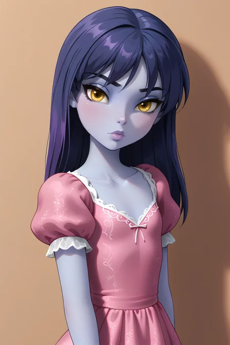 1girl, solo, owidowm, purple hair, yellow eyes, blue skin, lips, seductive, half closed eyes, looking at viewer, flat chest, pink dress, lace dress, puffy sleeves,
 <lora:OWidowM:0.9>
 <lora:1StS_age_slider_v1_initial_release:-4>
 <lora:Dean Yeagle StylePonyLyco:1.2>
 <lora:princess_xl_v2:1>