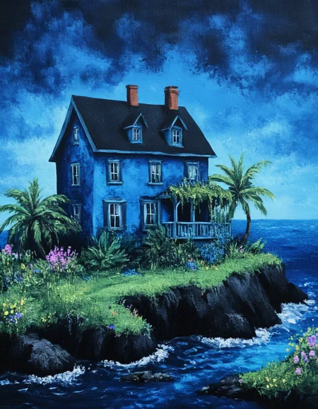 novuschroma49 style The House in the Cerulean Sea as a painting on black canvas <lora:novuschroma49 style_2:1>