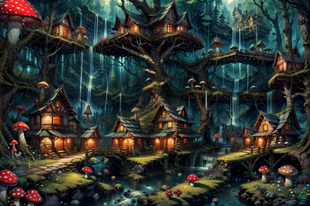 ((masterpiece,best quality)), absurdres, 8k, intricate, high detail,   
<lora:Magical_Forest_Home_v2:0.8>, Magical_Forest_Home,
a village of mushroom houses near a babbling brook, waterfall, bridges, 
mushrooms, Mushroom house, magic, glowing, <lora:more_details:0.7>