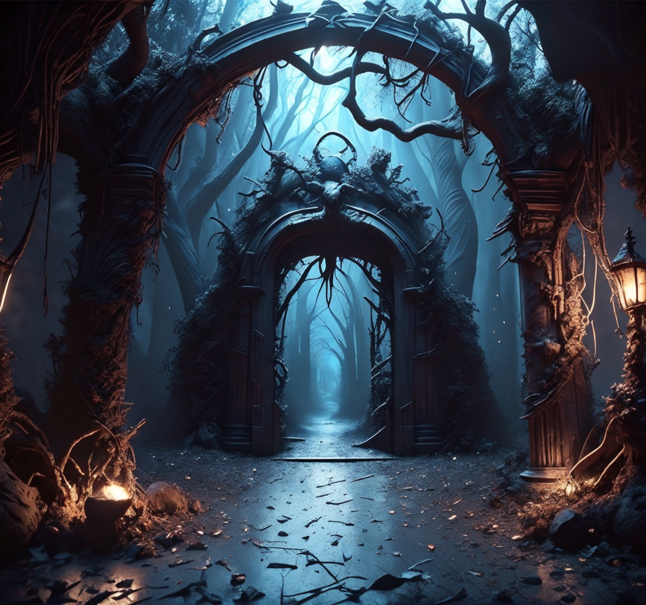RAW photo, (masterpiece:1.3), subsurface scattering, heavy shadow, (high quality:1.4), (intricate, high detail:1.2), professional photography, HDR, High Dynamic Range, realistic, ultra realistic, photorealistic, high resolution, film photography, ambient lighting, atmospheric effects, <lora:detail_slider_v4:2>, OverallDetail,  <lora:Evil:1>, evilrealm, an evil portal in a sinister forest, night, moon, epiCPhoto