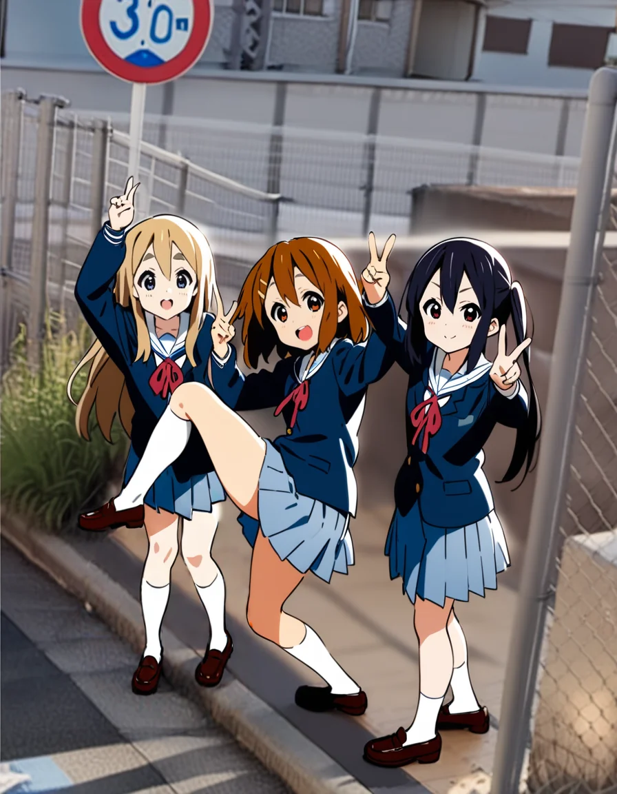 masterpiece, best quality, ultra detailed, highres,4k,(ultra-detailed:1.4) (illustration:0.5), (ray tracing,:0.8),(anime colored:0.7),(ai-generated:0.5),
nakano azusa, k-on!
hirasawa yui, k-on!
kotobuki tsumugi, k-on!
smile,school uniform,
<lora:googlecarmemeXL1:1>,googlecarmeme,
multiple girls, 3girls,outdoors,sign,road, road sign,city,
v,standing on one leg,arm up,