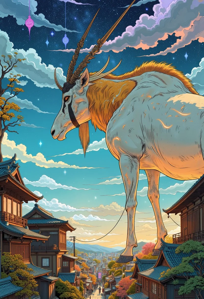 A hyper-realistic digital illustration of a giant legendary oryx standing majestically behind an ancient city with traditional Japanese-style buildings. The oryx, colossal in scale, towers over the city, with its lower legs alone as tall as the tallest structures below. Its pelage is a pristine pale white, contrasted by striking dark markings along its elongated face and powerful legs. Its nearly straight horns stretch upward, reaching high above, casting long shadows across the cityscape. The mythical creature’s form radiates an aura of divine power, with subtle glowing patterns etched into its fur that shimmer like celestial symbols. The ochre neck of the scimitar oryx variant flows seamlessly into the pale body, while faint dark head markings accentuate its regal, god-like presence. The sky bursts with vivid, dynamic colors — deep blues, radiant purples, and brilliant oranges — giving the scene a fantastical, awe-inspiring backdrop. The buildings below are detailed with tiled roofs and wooden facades, their scale emphasizing the monumental size of the oryx. Hints of golden light reflect off the animal’s sleek coat, making it appear almost ethereal, a deity watching over the city with silent majesty.