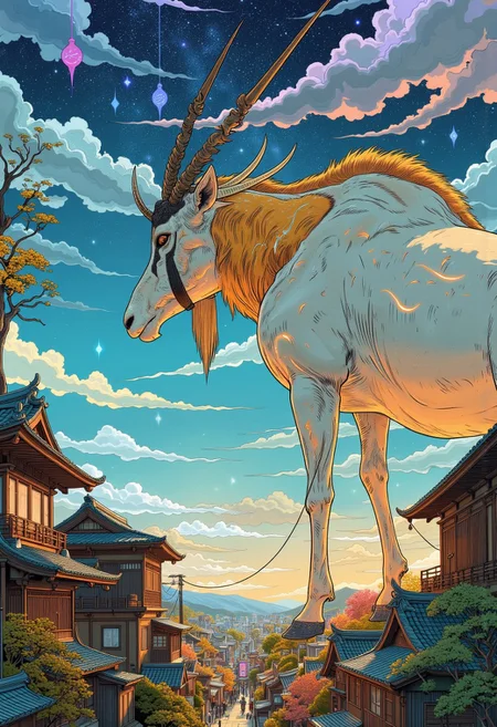 A hyper-realistic digital illustration of a giant legendary oryx standing majestically behind an ancient city with traditional Japanese-style buildings. The oryx, colossal in scale, towers over the city, with its lower legs alone as tall as the tallest structures below. Its pelage is a pristine pale white, contrasted by striking dark markings along its elongated face and powerful legs. Its nearly straight horns stretch upward, reaching high above, casting long shadows across the cityscape. The mythical creature’s form radiates an aura of divine power, with subtle glowing patterns etched into its fur that shimmer like celestial symbols. The ochre neck of the scimitar oryx variant flows seamlessly into the pale body, while faint dark head markings accentuate its regal, god-like presence. The sky bursts with vivid, dynamic colors — deep blues, radiant purples, and brilliant oranges — giving the scene a fantastical, awe-inspiring backdrop. The buildings below are detailed with tiled roofs and wooden facades, their scale emphasizing the monumental size of the oryx. Hints of golden light reflect off the animal’s sleek coat, making it appear almost ethereal, a deity watching over the city with silent majesty.