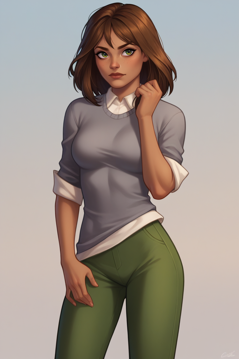 score_9, score_8_up, score_7_up, BREAK, 1girl, solo,  breasts, <lora:diabolumberto-guy-PONYv1:1>,  <lora:courtneytd-guy-PONYv1:.95> courtneytd, dark skin, freckles, grey shirt, collard shirt, sweater, sleeves rolled up, green pants