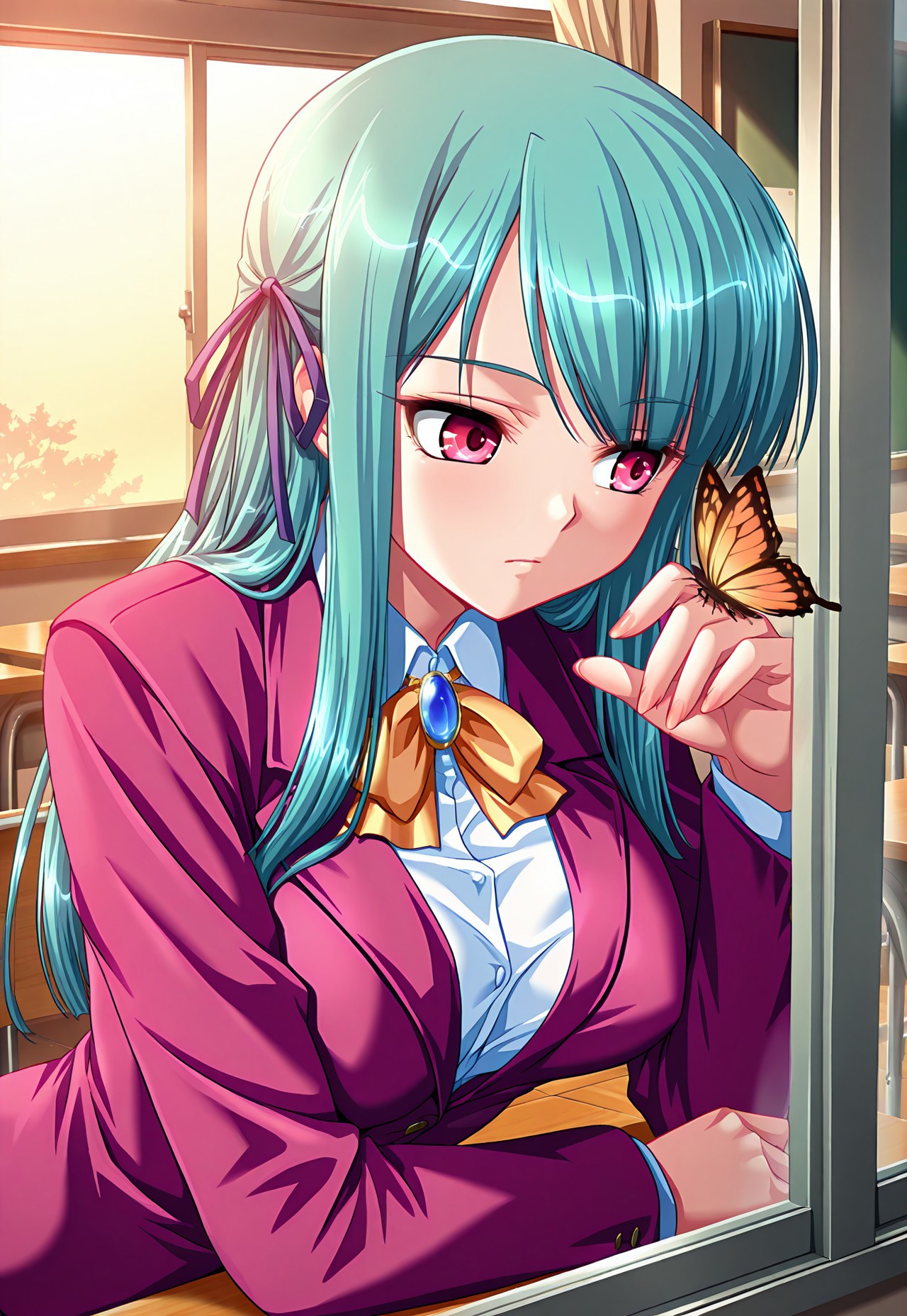 masterpiece,best quality,amazing quality,absurdres,very aesthetic,tkmsaya, 1girl, solo, long hair, jacket, ribbon, hair ribbon, aqua hair, red eyes, formal, suit, default_outfit1, pink jacket, shirt, white shirt, collared shirt, bowtie, brooch, upper body, window, (from outside), indoors, leaning forward, arm support, hand up, butterfly on hand, looking at butterfly, expressionless